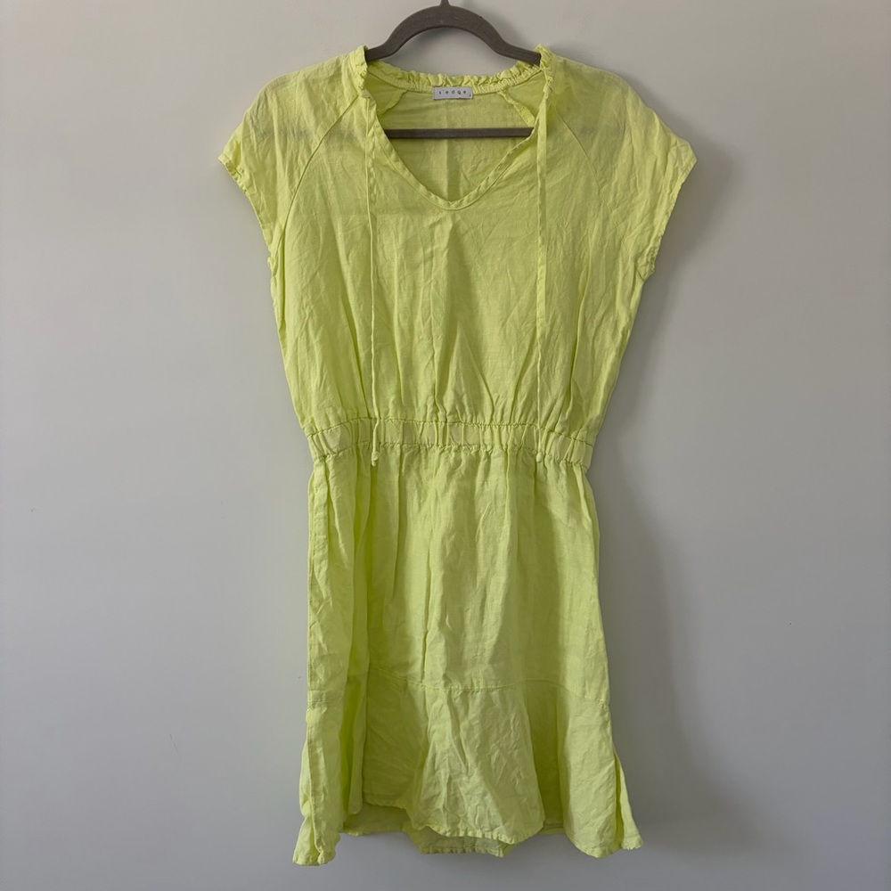 S’edge Raleigh Linen V Neck Ruffle Sleeve Mini Dress Citron Lime Green S